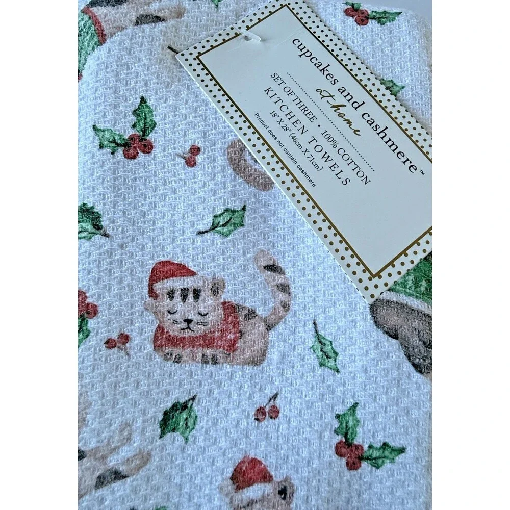 cupcakes and cashmere Christmas Cats Kittens Dish Kitchen Towels Set of 3